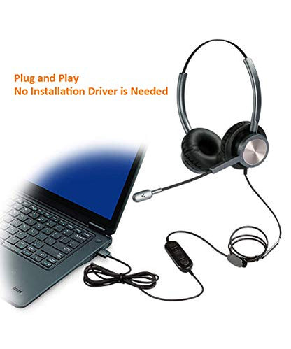 USB Headset with Microphone for PC Laptop, Computer Headset Headphones with Mic Noise Cancelling in-line Controls for Home Office Call Center Business Softphones Teams Zoom Skype Online Class and More