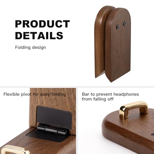 Wood Headphone Hanger Wall Mount Stand，Foldable Headset Holder Hook | Sticky Headset Hook,Under Desk Headphone Hanger,Gaming Accessories for Desk,Compatible with Airpods Max,Clamp for Audio