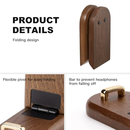 Wood Headphone Hanger Wall Mount Stand，Foldable Headset Holder Hook | Sticky Headset Hook,Under Desk Headphone Hanger,Gaming Accessories for Desk,Compatible with Airpods Max,Clamp for Audio