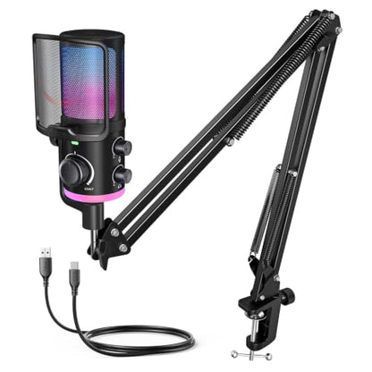FIFINE AM6T Gaming USB Condenser Mic for PC | ChatMix Dial (Balance Game & Chat Audio), Noise Cancellation, RGB, Quick Mute, Gain Knob, Boom Arm for Streaming on Twitch