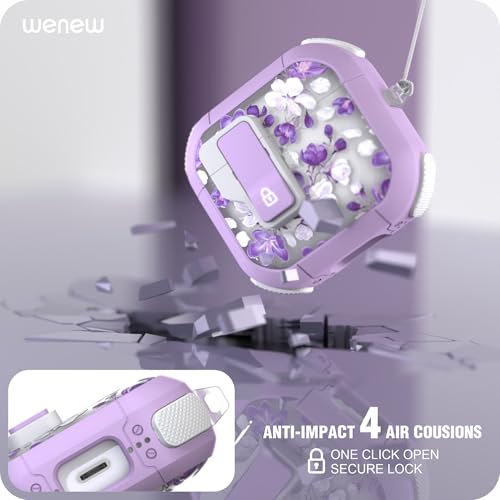 WENEW Case for AirPods 4th Case Cover Secure Lock Automatic Snap Switch Clip Cleaner Kit Lanyard Women Stylish Flower Armour Hard Shell Full Body Front LED Visible (Purple Flower, AirPods 4th) - color: Purple flower, size: AirPods 4