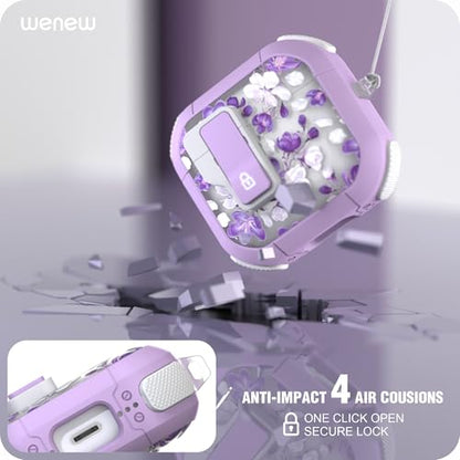 WENEW Case for AirPods 4th Case Cover Secure Lock Automatic Snap Switch Clip Cleaner Kit Lanyard Women Stylish Flower Armour Hard Shell Full Body Front LED Visible (Purple Flower, AirPods 4th) - color: Purple flower, size: AirPods 4