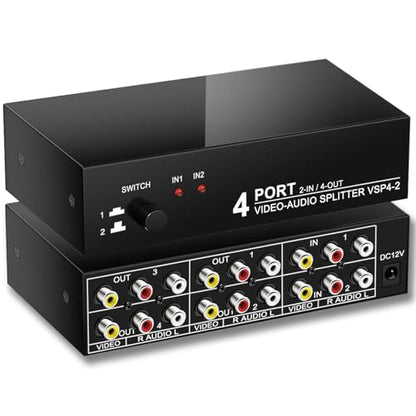 2 in 4 Out RCA Switch Splitter Composite Stereo AV Switcher Box | Composite Video L/R Audio Selector for VCR, DVD Player, Retro Game Console, Security Camera, Home Theater Systems