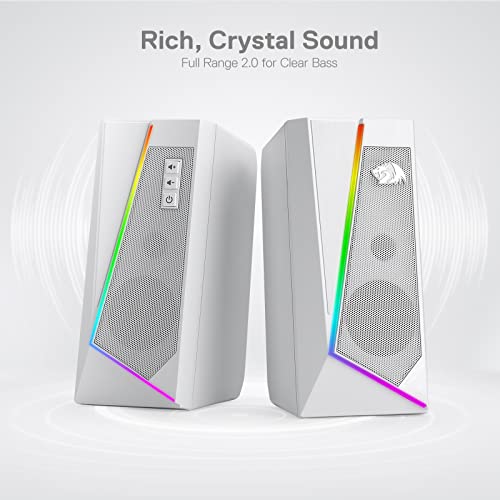 Redragon GS520 Wired 2.0 Channel Stereo Sound Desktop RGB Computer Speakers | Enhanced Auido Quality, Plug & Play USB Powered PC Gaming Speaker, 6 Colorful Backlight Modes, Easy-Access Volume Control - color: White