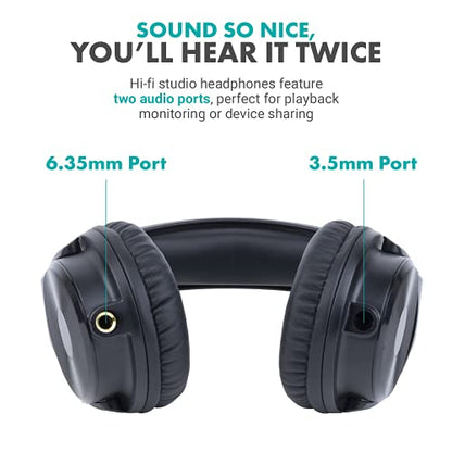 Movo Over-Ear Studio Headphones with USB Lavalier Microphone for Computer and Laptop - Wired for 3.5mm, 6.35mm