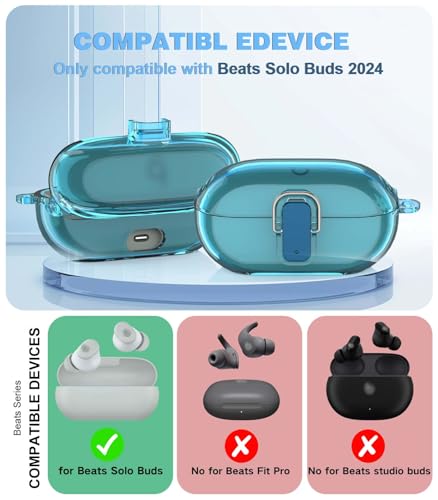 [Upgrade Secure Lock] for Beats Solo Buds 2024 Case Cover with Cleaner Kit, AGENTNANO Clear TPU Shockproof Protective Cover Compatible with Beats Solo Buds Charging Case with Carabiner-Clear Blue - color: Clear Bule