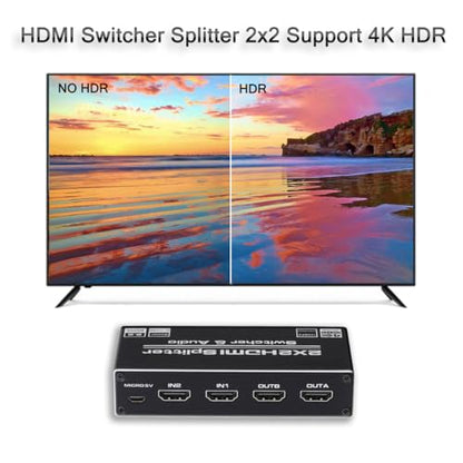 HDMI Switch 2x2, 2 Ports HDMI Switch Splitter 2 in 2 Out with IR Remote Control, Support HDMI 2.0, HDCP 2.2, Ultra HD, 4K x 2K@60Hz, 3D, 1080P (Dual Monitors Duplicate/Mirror Only)