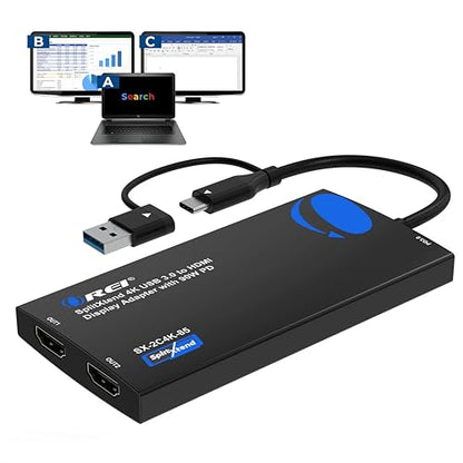 OREI SplitExtend 4K HDMI Splitter Extended Display for Dual Monitor - Multi-Monitor Display 3 Separate Screens - USB A & USB-C Adapter to HDMI 2.0, 4K@60hz, 90W PD Charger, DisplayLink MacOS, Windows | Multi-Monitor Display 3 Separate Screens - USB A & US