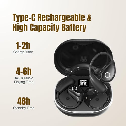 Wireless Earbuds with Earhooks, Open Ear Bluetooth 5.3 Headphones for Work & Running, 60H Playtime, LED Display, IPX5 Waterproof, USB-C Charging (Black) - color: Black