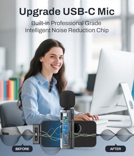 Wireless Lavalier Microphone for USB-C, Plug & Play Clip-On Mic with Active Noise Reduction, Long Battery Life, Wide Compatibility for iPhone 15/Android/PC/Vlog/YouTube