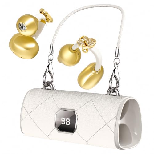Clip-on Bluetooth Earbuds, with Handbag-Style Charging Case (Gold Earbuds + Gold Heart-Shaped Jewelry) - color: Gold earbuds + Gold heart-shaped jewelry