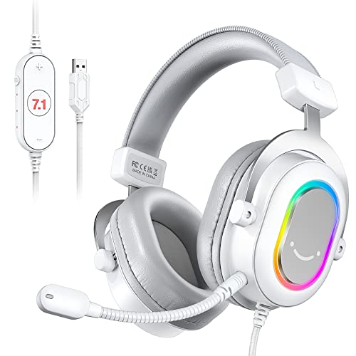 FIFINE H6W USB Gaming Headset,Wired Headphones with Mic for PC/Laptop/PS5 | Tuned 50mm Drivers, 7.1 Surround Sound, 3 EQ Modes, Soft Earmuff, Vibrant RGB, Handy In-line Control, for gaming/streaming - color: White