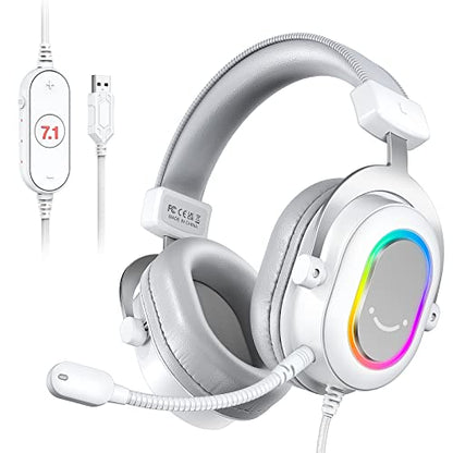 FIFINE H6W USB Gaming Headset,Wired Headphones with Mic for PC/Laptop/PS5 | Tuned 50mm Drivers, 7.1 Surround Sound, 3 EQ Modes, Soft Earmuff, Vibrant RGB, Handy In-line Control, for gaming/streaming - color: White