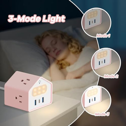 Lovely-Pink Power Strip with Night Light, Kawaii USB C Desk Accessories | 4 Outlets 3 USB Ports, Overload Protection Plug Extender, Home Office Dorm Travel Hotel, Women Girls - color: Lovely-Pink