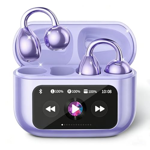 Piluyaa Clip-on Earbuds, Open Ear Earbuds with LCD Touchscreen Wireless Bluetooth 5.4, Lightweight M100 Open Ear Headphones with C-Shaped Bridge, Slim Hook,48H Battery, for Sports, Fitness (Purple) - color: Purple
