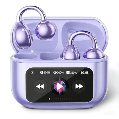 Piluyaa Clip-on Earbuds, Open Ear Earbuds with LCD Touchscreen Wireless Bluetooth 5.4, Lightweight M100 Open Ear Headphones with C-Shaped Bridge, Slim Hook,48H Battery, for Sports, Fitness (Purple) - color: Purple