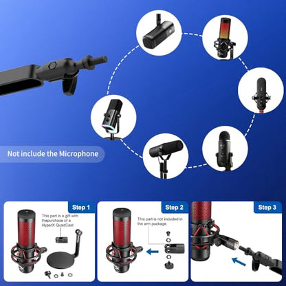Low Profile Mic Arm 15cm Extra Riser Adjustable Mic Boom Arm Metal Desk Mounted Microphone Stand Cable Management Flexible Microphone Holder for Podcast Streaming Gaming Desktop - color: Black