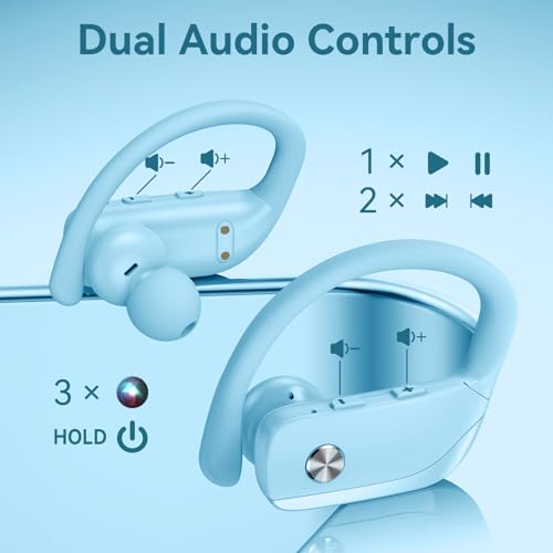 bmani Ear Buds Wireless Earbuds Bluetooth Headphones with 80H Playtime LED Display Case, Over-Ear Hook with Mic, Stereo Sound, Easy Button Controls, Sports Earphones for Running Workout Sky Blue - color: Sky Blue, style: Standard