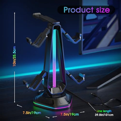 Gaming Headphones Stand with 12 Light Modes - Controller Holder for Desk, RGB Gaming Headset Stand with 2 USB Charging Ports - Supports Data Transfer, Earphone Hanger Accessories for Desktop Gamer