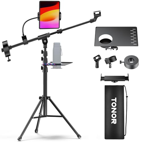TONOR Microphone Stand with Tablet Holder, Tripod Boom Arm for Floor, Adjustable Height and Angle, Stand with Carrying Bag, Pad Clamp, Max 190 cm/74.8inch, High Compatibility, Cup Tray, T35+ - style: Mic Stand with Tray