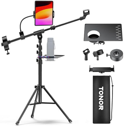 TONOR Microphone Stand with Tablet Holder, Tripod Boom Arm for Floor, Adjustable Height and Angle, Stand with Carrying Bag, Pad Clamp, Max 190 cm/74.8inch, High Compatibility, Cup Tray, T35+ - style: Mic Stand with Tray