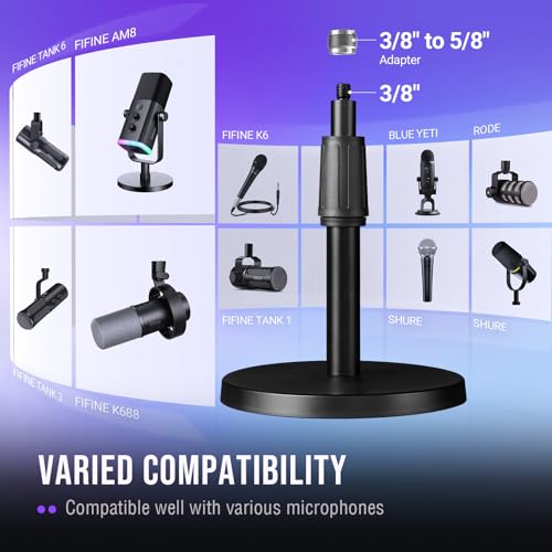 FIFINE Desktop Microphone Stand, Heavy-Duty Metal Adjustable Table Mic Stand with 5/8" Male to 3/8" Female Screw Adapter, 4 Non-Slip Pads Compatible with Microphones for Recording, Streaming-BS1 | Table Mic Stand, 5/8" to 3/8" Screw Adapter, Height Adjust