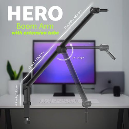 Boom Arm Mic Stand with Extension Tube Upgraded Microphone Arm for Shure SM7B MV7 Blue Yeti Sturdy Stainless Steel Mic Arm Desk Stand Foldable Scissor Arm Microphone Mount for Podcast Gaming - color: With Extension Tube