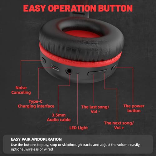 UKELALA U2B ANC Wired & Wireless Bluetooth 6.0 Headphones Foldable with Mic | Up to 30 Hrs Battery, Noise Canceling Foldable Lightweight Head phones with Volume Control‌ for Kids Adult School Black Red - color: Red/Black