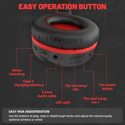 UKELALA U2B ANC Wired & Wireless Bluetooth 6.0 Headphones Foldable with Mic | Up to 30 Hrs Battery, Noise Canceling Foldable Lightweight Head phones with Volume Control‌ for Kids Adult School Black Red - color: Red/Black