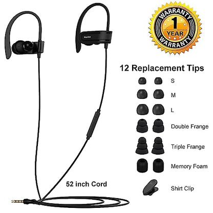 Joysico Wired Over Ear Earbuds Headphones with Mic and Volume Control Black | Wrap Around Ear Hook Secure Fit, 6 Sizes Tips, Earphone Case, Sport Running Workout Sweatproof, For Cellphones Laptop Tablets