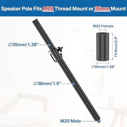 Rimous Heavy-Duty Speaker Pole for Subwoofer with Height Adjustable Subwoofer Pole Mounts Fits M20 Threaded Mount and 35mm Mount Speaker Extender with M20 to 35mm Adapter Load Capacity 121LBS, 2 Pack - style: 2 Pack