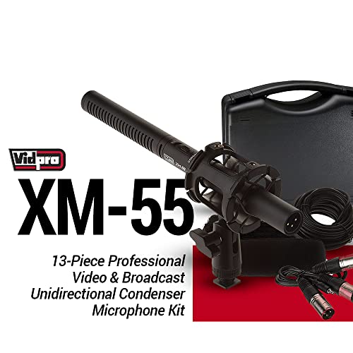 VidPro XM-55 13-Piece Professional Video & Broadcast Unidirectional Condenser Shotgun Microphone Kit - Complete Set Includes 2 Mounts Adapters Cables and More Perfect for Indoor and Outdoor Recording - style: XM-55