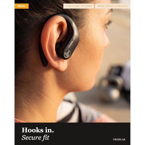 TREBLAB X3-Pro Earbuds Wireless Bluetooth, Earhook IPX5 12H Powerbank | Bluetooth Running Headphones, gaming mode 60ms, wireless charging case, secure earhook, ENC mics, BT 5.3, 9g ultra-light - color: White Logo