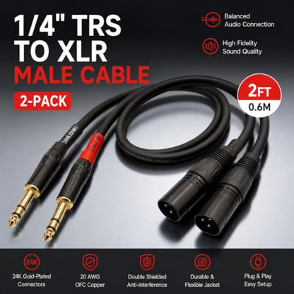Sam&Johnny 1/4 TRS to XLR Male Cable 2-Pack, Balanced, 2ft | 20AWG Gold-Plated OFC Connectors | For Studio Monitor, Microphone, Karaoke, Amplifier, Guitar | Noise-Free Balanced Signal