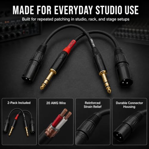 Sam&Johnny 1/4 to XLR Cable 6 Inch 2-Pack, Balanced Patch Cable TRS Male to XLR Male for Studio Monitor, Mixer & Amplifier – 24K Gold Plated, OFC Recording & Live Sound