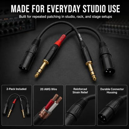 Sam&Johnny 1/4 to XLR Cable 6 Inch 2-Pack, Balanced Patch Cable TRS Male to XLR Male for Studio Monitor, Mixer & Amplifier – 24K Gold Plated, OFC Recording & Live Sound