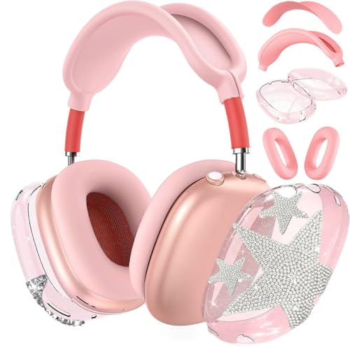 [4 in 1] Case Cover for AirPods Max 2/1 (2026/2024/2020) Ear Pad Case Cover/Headband Cover/Ear Cups Cover with Bling Star for Apple AirPods Max Headphones (Bling Light Pink Stars) - color: Shinning Pink Star