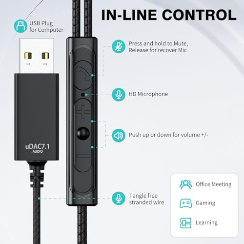USB Headphone with Mic Mute Volume Control,7.5FT Long Cord PC Wired Earbuds
