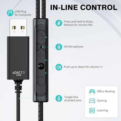 USB Headphone with Mic Mute Volume Control,7.5FT Long Cord PC Wired Earbuds