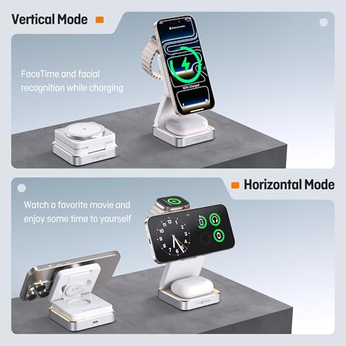 【2026 Upgraded】Wireless Charger 3 in 1, Foldable Wireless Charging Station with Light for Apple Magnetic Charger, Travel Magnetic Charger for iPhone 17/16/15/14/13/12 Apple Watch AirPods (20W Adapter) - color: white