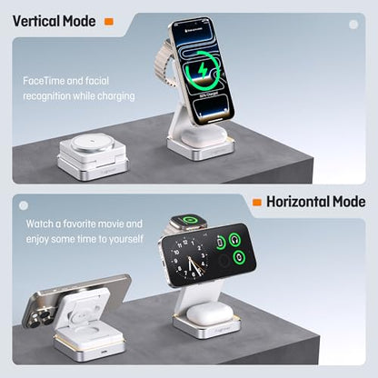 【2026 Upgraded】Wireless Charger 3 in 1, Foldable Wireless Charging Station with Light for Apple Magnetic Charger, Travel Magnetic Charger for iPhone 17/16/15/14/13/12 Apple Watch AirPods (20W Adapter) - color: white