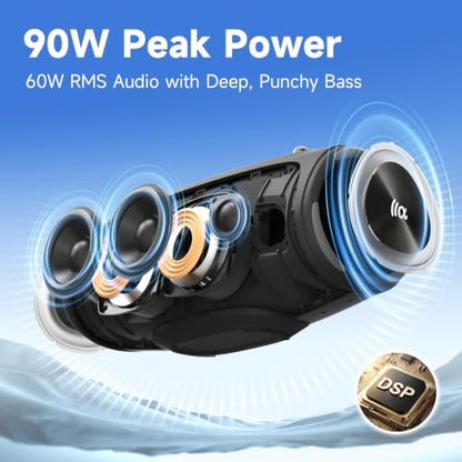 TAZATA Bluetooth Speaker Wireless, 90W Peak Loud Boombox Outdoor Speakers | IPX7 Waterproof, Bass Boost, BT5.3, Broadcast Pairing, 95dB Large Subwoofer, 20H/3.5mm AUX, Portable Speaker for Party, Beach - color: Black