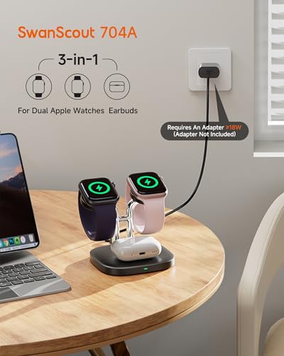 3 in 1 Dual Watch Wireless Charger Stand for Apple Watch Ultra/11 & AirPods | Dual magnetic watch charging, 5W Fast watch charge, Ergonomic design, Chrome plated plastic stand, Multi safety guard, 704A - color: Black & Silver