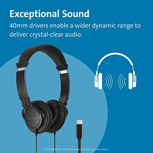 Kensington USB-C Hi-Fi Headphones, On-Ear for Kids, for School, for Adults, Padded Adjustable Headband, 6 ft Cord (K97456WW), Black