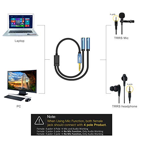 Headset Splitter for 2 TRRS Headphones or Mics 3.5mm Audio Splitter | Sapphire Blue, Metal Shell, 3.5mm Jack Adapter TRRS 4-Pole Headphone Splitter Male to 2 Female Adapter for Smartphone, Laptop - size: 1 Feet - Standard