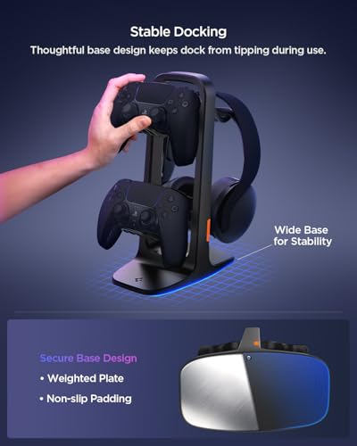 Spigen Gaming Controller and Headset Stand for PlayStation, Xbox, Nintendo Switch 2, Razer, Gaming Headphones and Headsets, Universal Desk Stand Mount, 2 Tiers with Storage Cable Organizer - Black