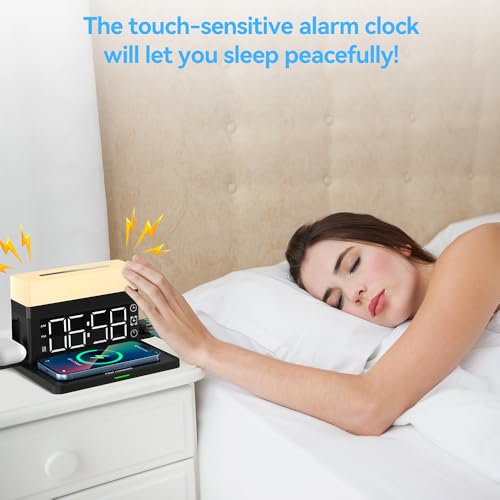 IHAO 6in1 Smart Alarm Clock with Wireless Charger RGB Mood Light 15W Fast Wireless Charging for All Qi Phone TWS Headphone Compliant with i-Watch 7 Color Night Light Large Digital Display-Black - color: Multifunctional Alarm Clock Black