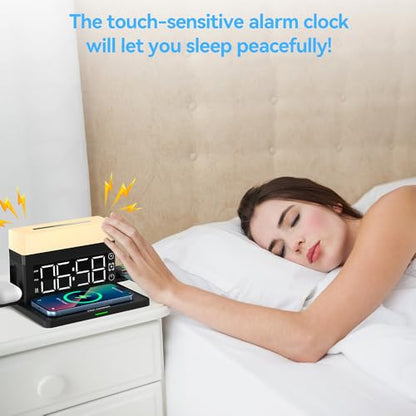 IHAO 6in1 Smart Alarm Clock with Wireless Charger RGB Mood Light 15W Fast Wireless Charging for All Qi Phone TWS Headphone Compliant with i-Watch 7 Color Night Light Large Digital Display-White - color: Multifunctional Alarm Clock White