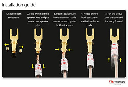 Nakamichi GrubLock 24k Gold Plated Spade Y Banana Plugs, 10-18 AWG | Excel Series, Gauge Size 4mm for Speakers Amplifier Hi-Fi AV Stereo Audio Wire Cable Screw Connector, 16 Pcs (8-Pairs) - size: 16 Pcs (8-Pairs)