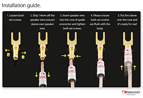Nakamichi GrubLock 24k Gold Plated Spade Y Banana Plugs, 10-18 AWG | Excel Series, Gauge Size 4mm for Speakers Amplifier Hi-Fi AV Stereo Audio Wire Cable Screw Connector, 12 Pcs (6-Pairs) - size: 12 Pcs (6-Pairs)
